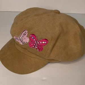 Girl’s Tan  Faux Suede Hat w/Embroidered Butterflies